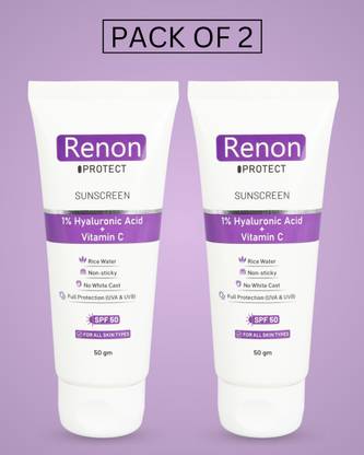 Renon Sunscreen - SPF 50 PA+++ 1 % Hyaluronic Aqua Gel Sunscreen|Vitamin C+Rice Water|No white Cast |Non Sticky
