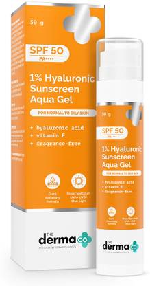 The Derma Co Sunscreen - SPF 50 PA++++ 1% Hyaluronic Sunscreen Aqua Ultra Light Gel with SPF 50 PA++++ For Broad Spectrum, UV A, UV B & Blue Light Protection