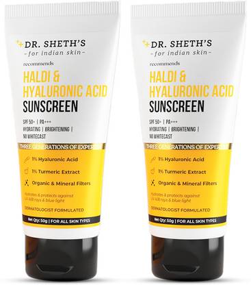 Dr. Sheth's Sunscreen - SPF 50 PA++++ Haldi & Hyaluronic Acid Sunscreen | Hydrating SPF 50+ PA+++| Pack of 2