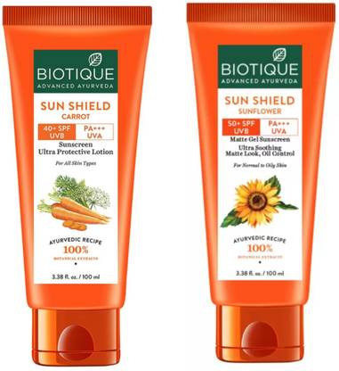 BIOTIQUE Sunscreen - SPF 50 PA+++ Sunscreen - Carrot Lotion 100 ML & Sunflower Matte Gel 100 ML