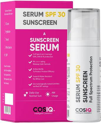 Cos-IQ Sunscreen - SPF 50 PA++++ SunProtect SPF-30 Daily Use Sunscreen Serum SPF 30 PA+++ 30ml | Only 2 Drops Full Coverage | Skin Safe, Matte Finish, Oil Free, Water Resistant, Broad Spectrum