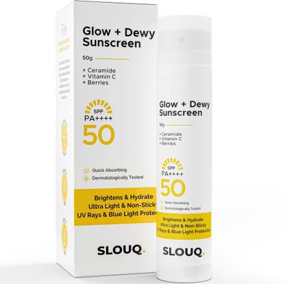 SLOUQ Sunscreen - SPF 50 PA++++ Glow+Dewy Sunscreen SPF 50-UVA/B, Blue Light Protection, with Ceramide+Vitamin C