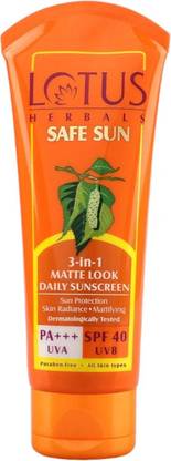 LOTUS HERBALS Sunscreen - SPF 40 PA+++ Safe Sun 3 In 1 Matte-Look Daily Sunscreen SPF 40 PA+++