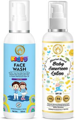 Mom & World Sunscreen - SPF 50 PA+++ Baby Sunscreen Lotion + Kidsy Face Wash Tear Free, 120ml