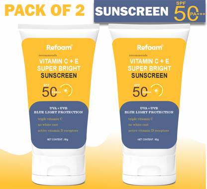 REFOAM Sunscreen - SPF 50+++ PA+++ Vitamin C + E Super Bright Sunscreen SPF 50 Combo, Water-Light & No White Cast