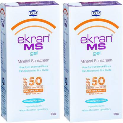 Ekran Sunscreen - SPF 50 PA+++ MS Mineral Sunscreen gel (Pack of 2x50g)