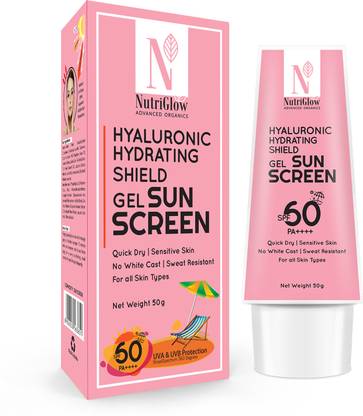 NutriGlow Sunscreen - SPF 60 PA++++ Hyaluronic Hydrating Shield Gel, No white Cast