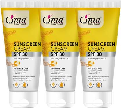 Qraa Sunscreen - SPF 30 , For Men & Women, Non-Greasy PA++++ Sunscreen Cream SPF 30|Helps Remove Tan|Helps in Sun Burn| Pack of 3