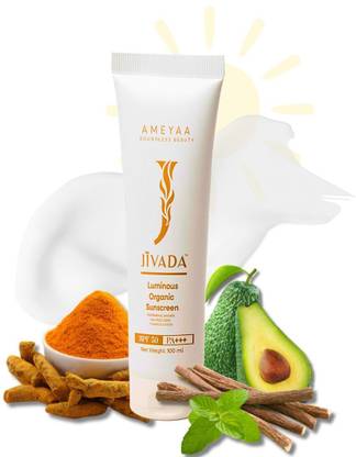 Jivada Sunscreen - SPF 50+ PA+++ for UV A, UV B | with Hyaluronic Acid, Ceramide, Avocado & Red Raspberry Oil