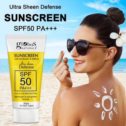 Globus Naturals Sunscreen - SPF 50 PA+++ Sunscreen with Ultra Sheen, UVA & UVB Protection