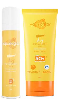 Aqualogica Sunscreen - SPF 50 PA++++ Glow+ Dewy Sunscreen with Papaya & Vitamin C- 50g + 80g