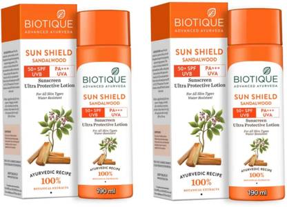 BIOTIQUE Sunscreen - SPF 50 PA+++ Sun Shield Sandalwood Sunscreen 190 ML (Pack Of 2)