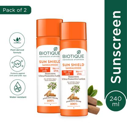 BIOTIQUE Sunscreen - SPF 50+ PA+++ Sun Shield Sandalwood Lotion�UVB/UVA |Ultra Protective Sunscreen|For men & Women