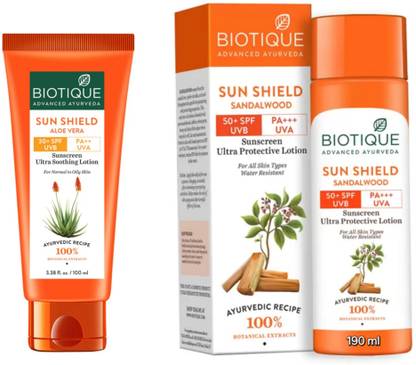 BIOTIQUE Sunscreen - SPF 50 PA+++ Sunscreen Lotion - Aloe Vera 100 ML & Sandalwood 190 ML
