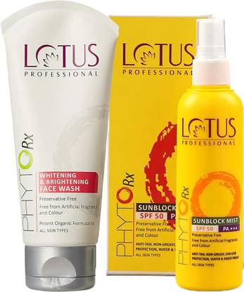 Lotus Professional Sunscreen - SPF 50 Sunblock Mist SPF50_100ml & White and bright Facewash 100g