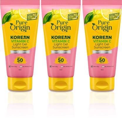Pure Origin Sunscreen - SPF 50 PA++++ Korean Vitamin C Bright Boosting Light Gel Sunscreen (Pack of 3)