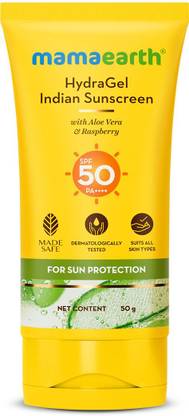 Mamaearth Sunscreen - SPF 50 PA+++ HydraGel Indian Sunscreen for Sun Protection With Aloe Vera & Raspberry