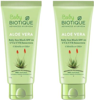 BIOTIQUE Sunscreen - SPF 50 ALOE VERA BABY SUN BLOCK SPF20 UVA/UVB 50 ML (PACK OF 2)