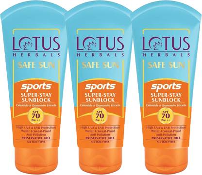 LOTUS HERBALS Sunscreen - SPF 50 PA+++ Safe Sun Sports Super Stay SunBlock SPF 70 _ 40g ( Pack of 3 )