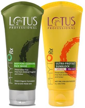Lotus Professional Sunscreen - SPF 50 Phytorx Ultra-Protect Sunblock SPF70_50g & Deep Pore Facewash 80g