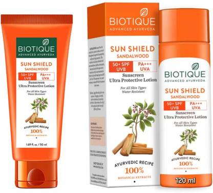BIOTIQUE Sunscreen - SPF 50 PA+++ Sun Shield Sandalwood Sunscreen Lotion 50 ML & 120 ML