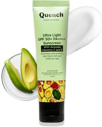 Quench Sunscreen - SPF 50 PA++++ Ultra Light SPF 50+ PA++++ Sunscreen with Vitamin E & Avocado for Glowing Skin