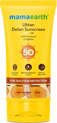 Mamaearth Sunscreen - SPF 50 PA++++ Ubtan Detan Sunscreen With Turmeric & Saffron | Removes Tan | Brightens Skin
