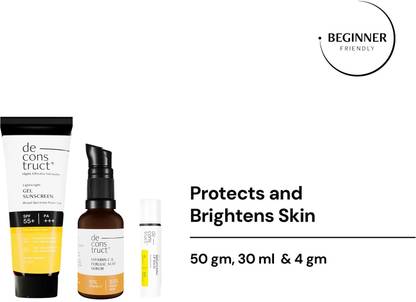 deconstruct Sunscreen - SPF 50 PA+++ Brightening Shield Trio: Gel sunscreen, Vitamin C Serum,Brightening Lip Balm