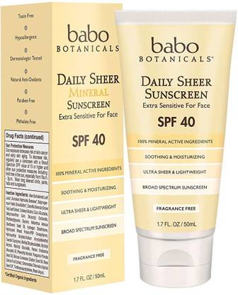 Babo Botanicals Sunscreen - SPF 40 SPF 40 Daily Sheer Facial Sunscreen, Unscented, 1.7oz