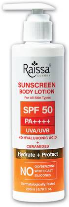 RAISSA Sunscreen - SPF 50 PA++++ Sunscreen Body Lotion, Hydrate and Protect, UVA/UVB,