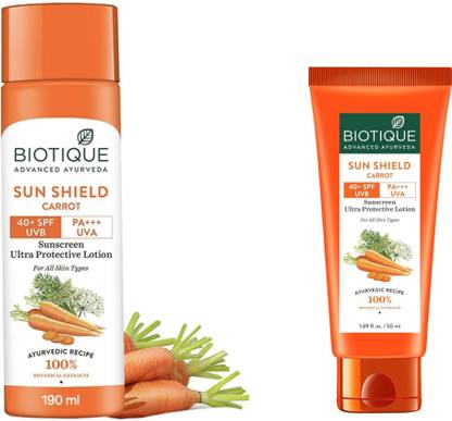 BIOTIQUE Sunscreen - SPF 50 PA+++ Sun Shield Carrot 40+Spf Sunscreen 190ml + 50Ml Tube ( Pack Of 2)