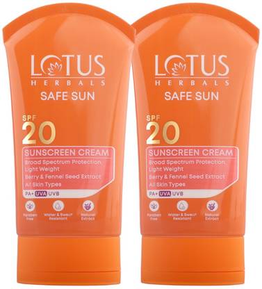 LOTUS HERBALS Sunscreen - SPF 20 PA+ Safe Sun Sunscreen Cream + SPF 20 + 50g Each(Pack of 2)