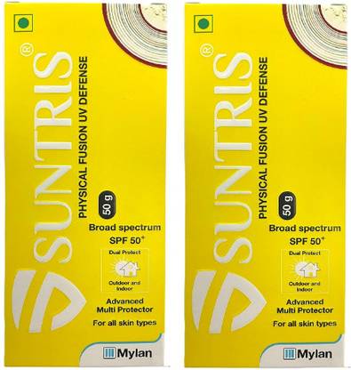 Suntris Sunscreen - SPF 50 PA+++ Physical Fusion UV Defense 50g (Pack of 2 * 50g )