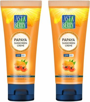 ASTABERRY Sunscreen - SPF 50 Papaya Sunscreen Crème SPF 50 100ml, Pack 2, (2 x 100ml)