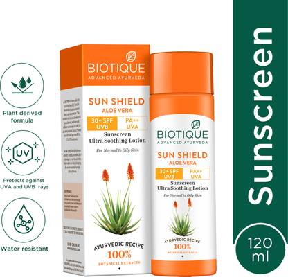 BIOTIQUE Sunscreen - SPF 30+ PA++ Sun Shield Aloe Vera Lotion UVB/UVA|Ultra Soothing Sunscreen|For men & Women