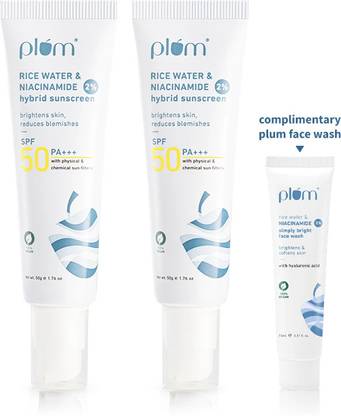 Plum Sunscreen - SPF 50 PA+++ 2% Niacinamide & Rice Water Sunscreen | No White Cast + Free Face Wash