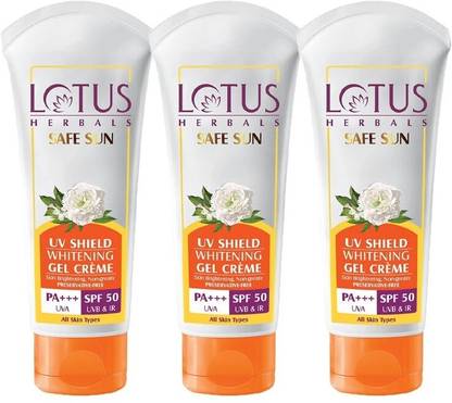 LOTUS HERBALS Sunscreen - SPF 50 PA+++ Safe Sun UV Shield Whitening Gel Cream SPF50_100g ( Pack of 3 )