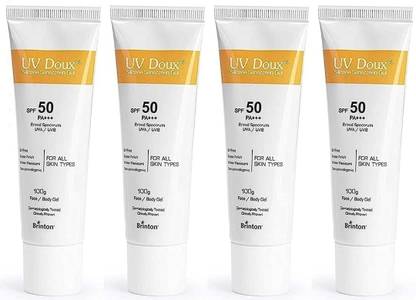 Brinton Sunscreen - SPF 50 PA+++ UvDoux Face & Body Sunscreen gel with SPF 50 PA+++ ,100gm x Pack of 4