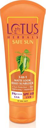 LOTUS HERBALS Sunscreen - SPF 40 PA+++ Safe Sun 3-in-1 Matte Look Tinted Sunscreen SPF 40 PA+++, Non-Greasy
