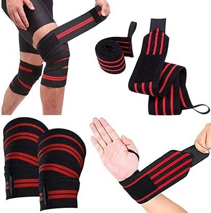 FITPUT Combo Knee Wraps, Wrist Band Support Straps for Gym Workout Supporter