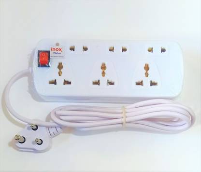 Inox -3 PIN EXTENSION CORD-5 YARD WIRE-INTERNATIONAL SOCKETS-WHITE COLOUR-6 SOCKETS EXTENSION CORD-MATT FINISH 6 Socket Extension Boards