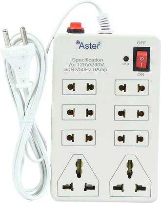 Aster : 8 Sockets, 1 Switch, Fuse protection ,led Indicator 8  Socket Extension Boards