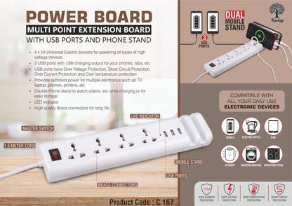 TREETOP Power Board: Multi Point Extension Board With USB Ports And Phone Stand 4  Socket Extension Boards