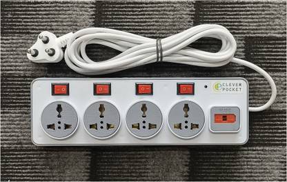 CLEVER POCKET 3.5 Meter / 11.5 Feet Long Wire Switch Board Extension with Individual Switches 4  Socket Extension Boards