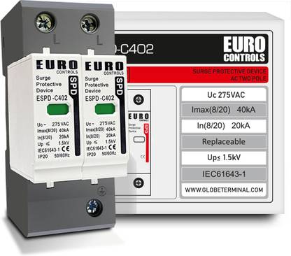 Euro Controls AC Two Pole Surge Protective Device Replaceable SPD 20 to 40kA Type1+2 1  Socket Extension Boards