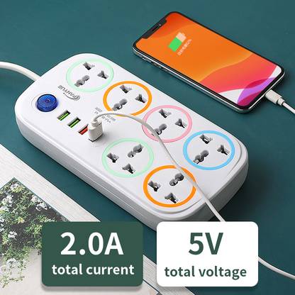 FERVIK Power Plate 2500W 4+6 Socket Extension Boards (White, 2m, 4USB Port) 6  Socket Extension Boards