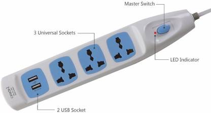ORION 77- Extension Cord / Power Strip with Master Switch, Indicator, & 4 Metre Cord 3  Socket Extension Boards