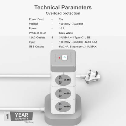 One Beat Tower 3 USB Port +1 Type-C Port 3 cores copper wires with LED indicator 12 Socket Extension Boards