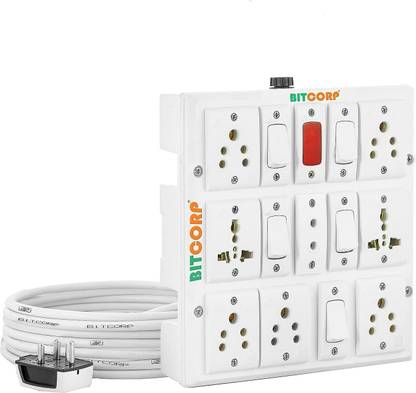 BITCORP Extension Board 8 Way Plug and 5 Switch 6A 10A 13A (2500W) 5 Meter Long Cable 8  Socket Extension Boards