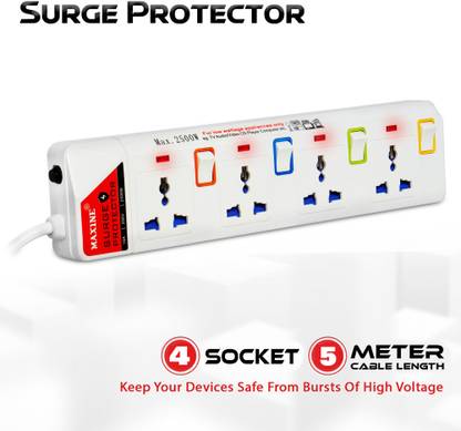 SLE Maxine 4 Way Spike Buster with Individual Switch - 5 Meter Cord Length 4  Socket Extension Boards